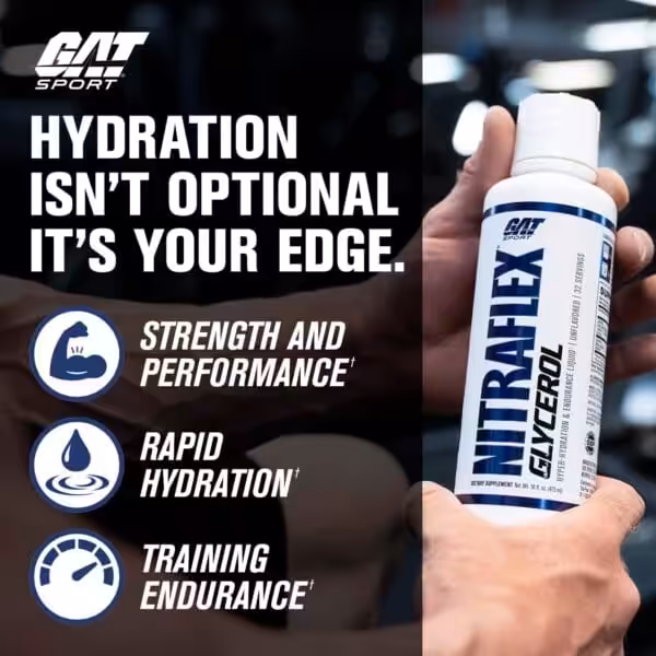 GAT Sport Nitraflex Glycerol hyper-hydration and endurance liquid supplement, 16 fl oz, 32 servings. Supports strength, rapid hydration, and training endurance