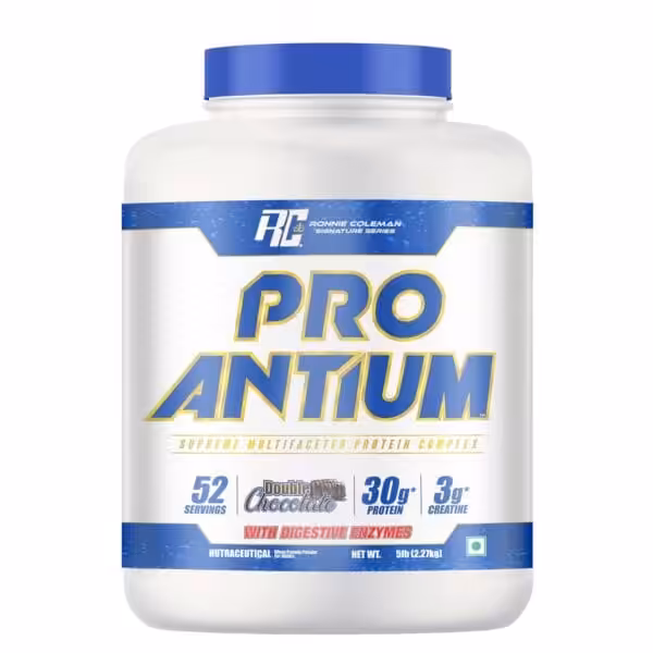 Ronnie Coleman Pro Antium Double Chocolate protein powder, 52 servings, 30g protein, and 3g creatine