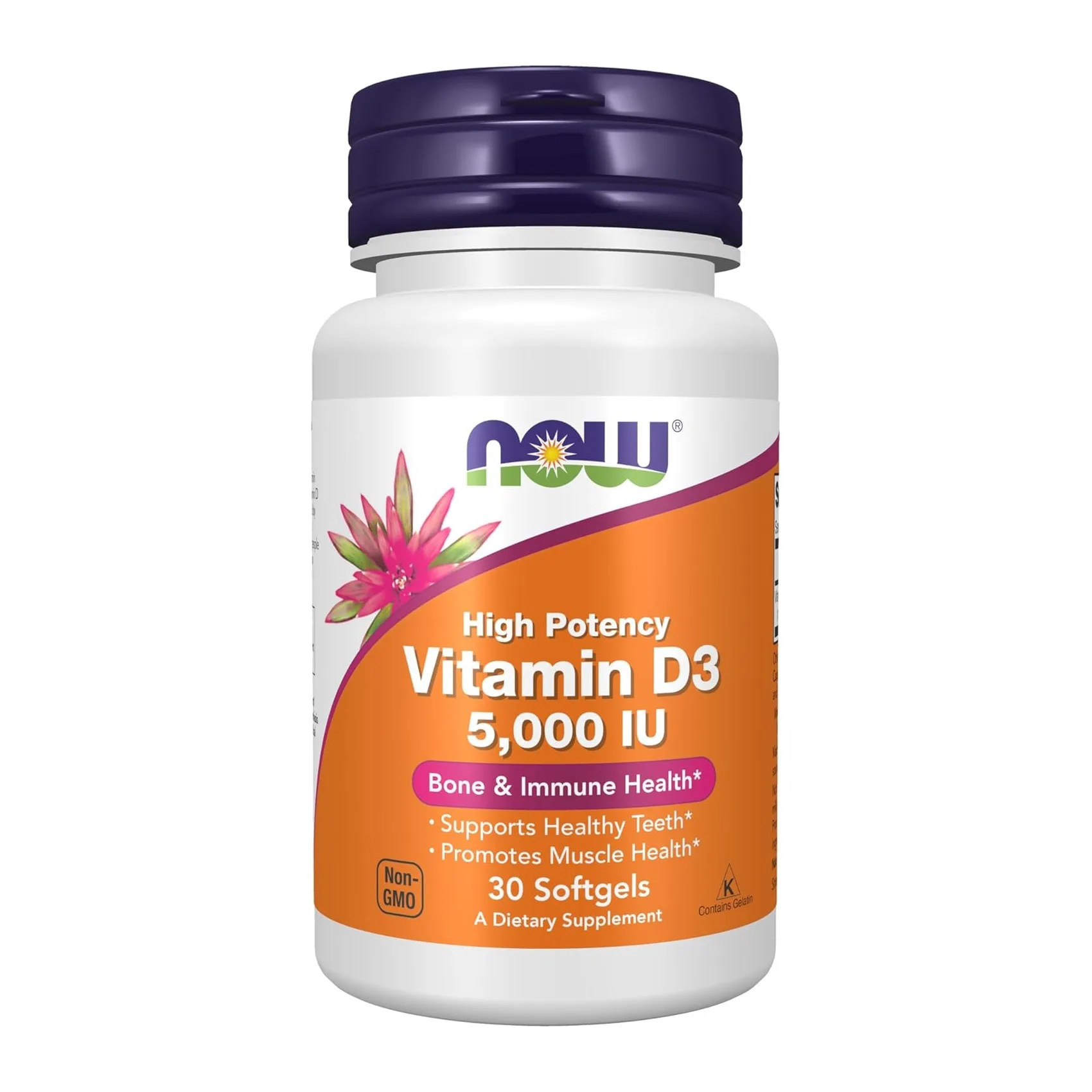 NOW High Potency Vitamin D3 5,000 IU dietary supplement, 30 softgels, supports bone, immune, teeth, and muscle health