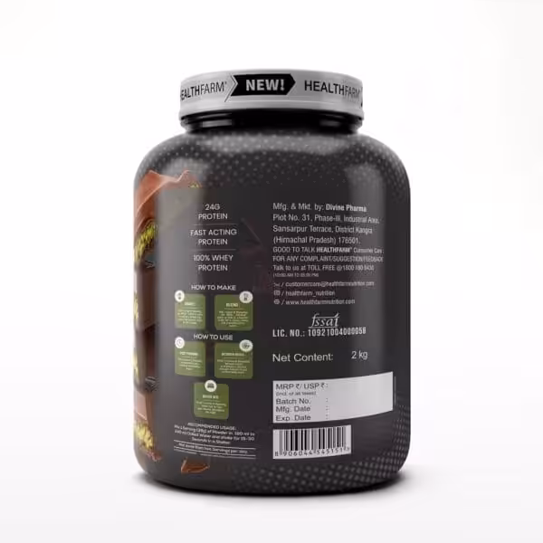 Back label of Healthfarm 100% Whey Protein 2kg container with 24g protein per serving and usage instructions
