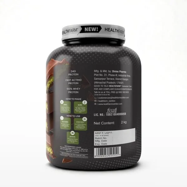 Back label of Healthfarm 100% Whey Protein 2kg container with 24g protein per serving and usage instructions