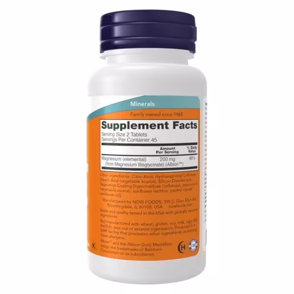 Back label of NOW Foods Magnesium Bisglycinate supplement bottle showing 200 mg elemental magnesium per serving, 45 servings, and allergen info