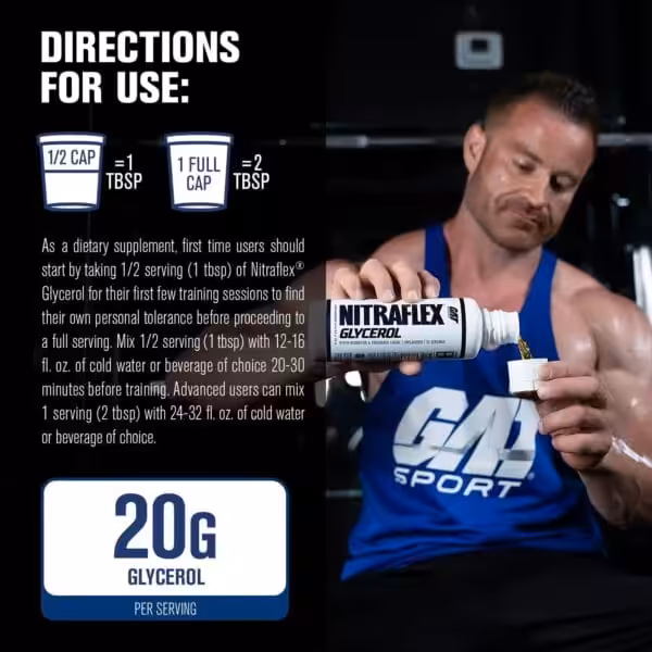 Nitraflex Glycerol directions for use: 1/2 cap equals 1 tbsp; 1 full cap equals 2 tbsp. Contains 20g glycerol per serving