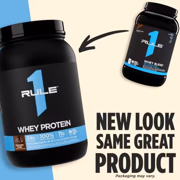 Rule 1 Whey Protein Chocolate Fudge new packaging next to old Whey Blend packaging — New Look, Same Great Product