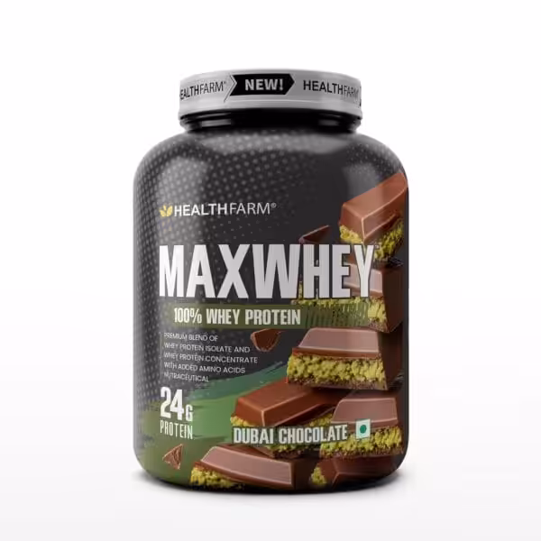 Healthfarm Max Whey 100% Whey Protein, Dubai Chocolate flavor, 24g protein