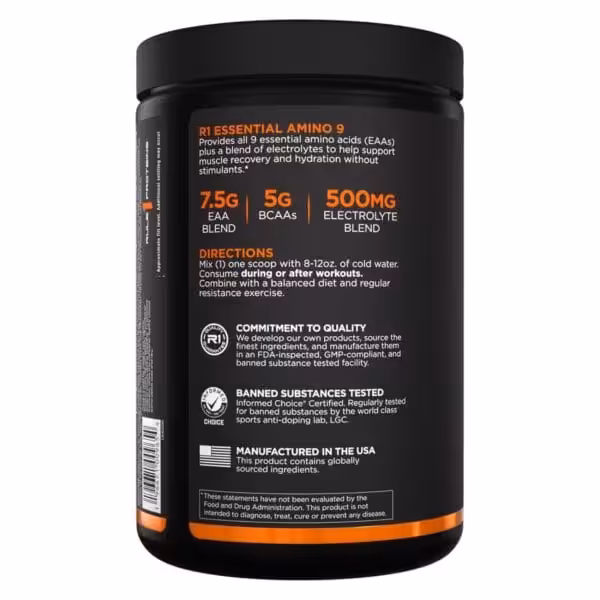 Back label of R1 Essential Amino 9 tub showing 7.5g EAA blend, 5g BCAAs, 500mg electrolyte blend, directions, and quality certifications