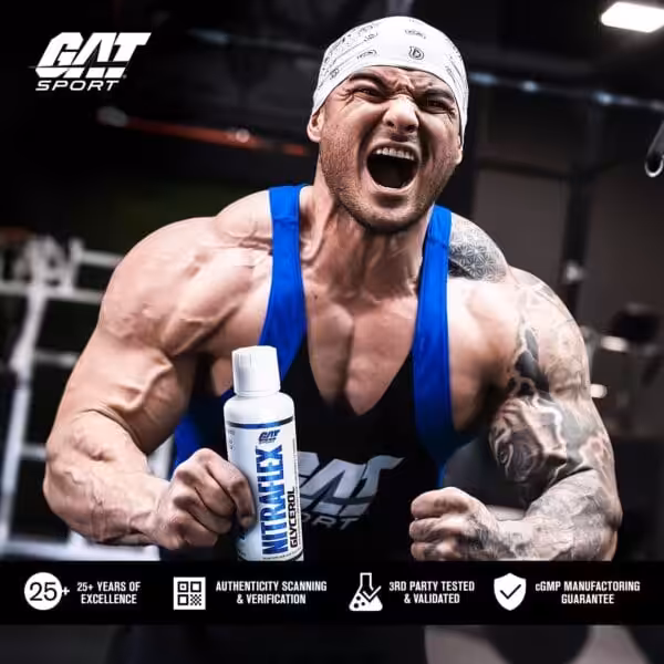GAT Sport Nitraflex Glycerol liquid supplement held by an intense, muscular athlete in a gym; 25+ years of excellence, 3rd party tested, cGMP guaranteed