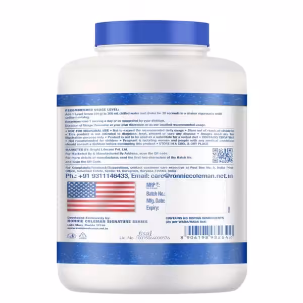 Back label of Ronnie Coleman Signature Series product with usage instructions and manufacturer contact information