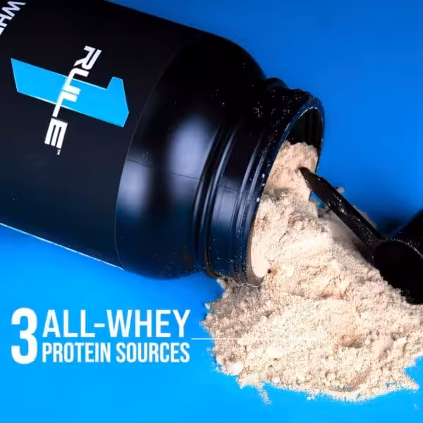 Rule 1 whey protein powder spilling from a black container with text reading 3 All-Whey Protein Sources