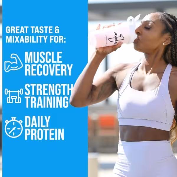 Woman drinking from a Rule 1 shaker bottle. Text reads: Great Taste & Mixability for: Muscle Recovery, Strength Training, Daily Protein