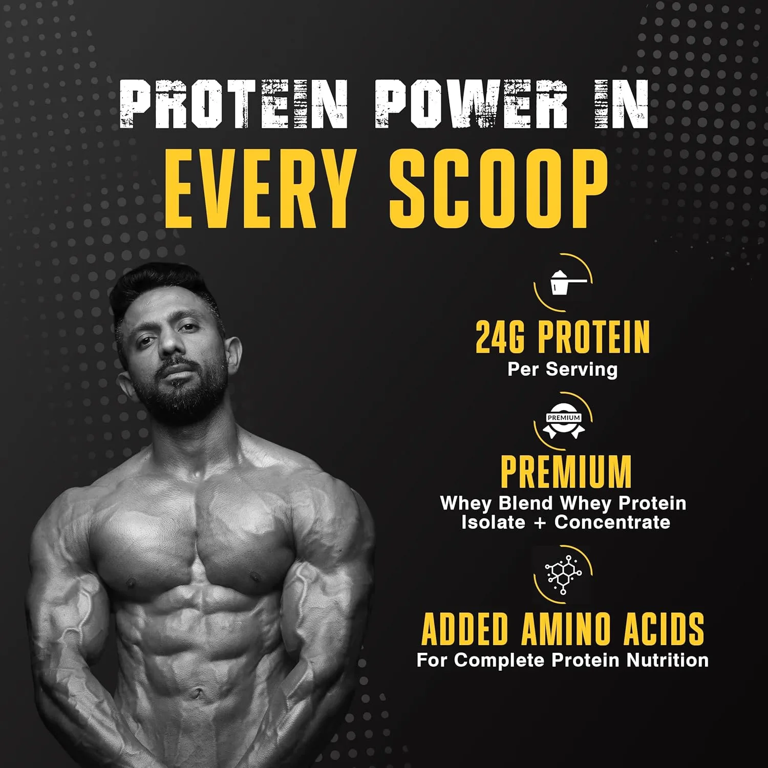 Protein Power in Every Scoop: 24g protein per serving, premium whey blend isolate + concentrate, and added amino acids