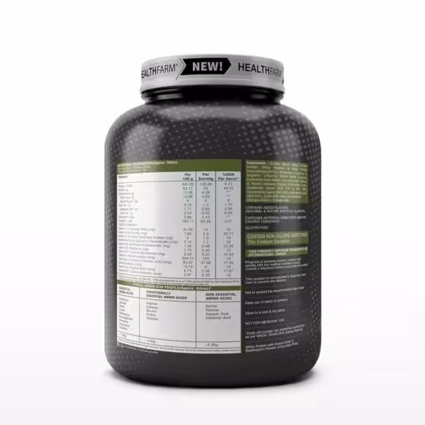 Healthfarm Whey Protein Chocolate Pista label showing nutritional information, amino acid profile, and ingredients