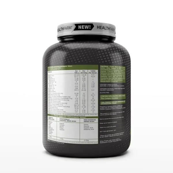 Healthfarm Whey Protein Chocolate Pista label showing nutritional information, amino acid profile, and ingredients