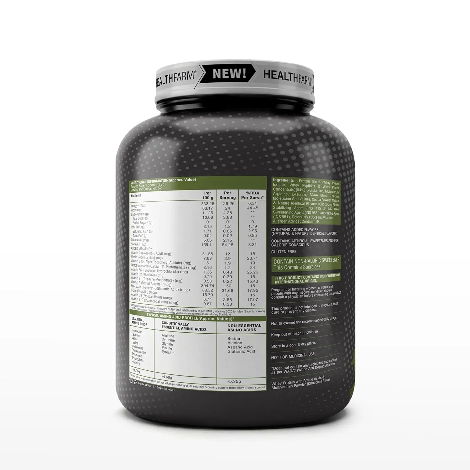 Healthfarm Whey Protein Chocolate Pista label showing nutritional information, amino acid profile, and ingredients