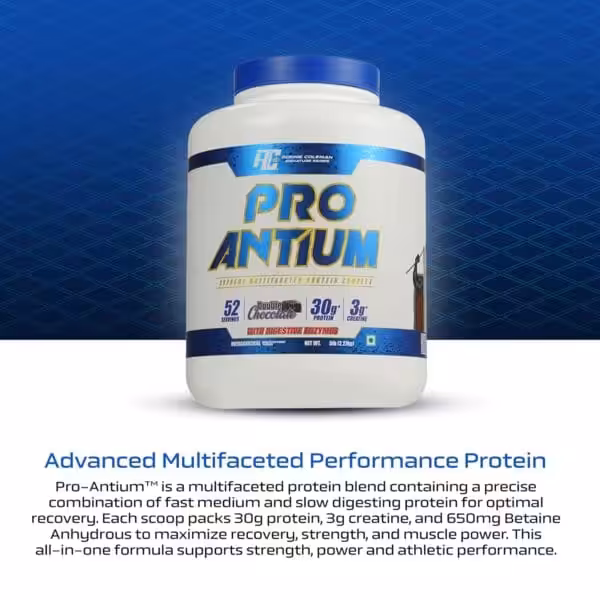 Ronnie Coleman Pro-Antium Double Chocolate protein, 52 servings. 30g protein, 3g creatine, and 650mg Betaine per scoop