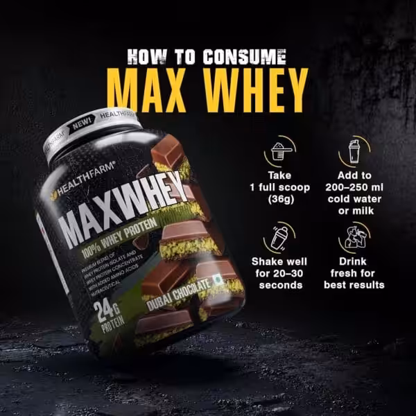 How to consume Max Whey: Mix 1 scoop (36g) with 200-250ml cold water or milk, shake for 20-30 seconds, and drink fresh