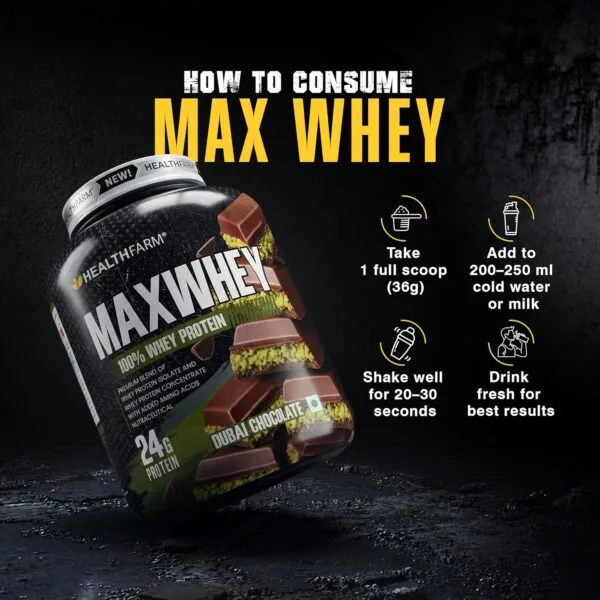 How to consume Max Whey: Mix 1 scoop (36g) with 200-250ml cold water or milk, shake for 20-30 seconds, and drink fresh