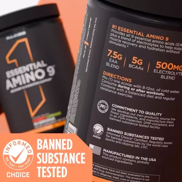 R1 Essential Amino 9 supplement container showing 7.5g EAA blend, 5g BCAAs, 500mg electrolyte blend, with Informed Choice Banned Substance Tested certification
