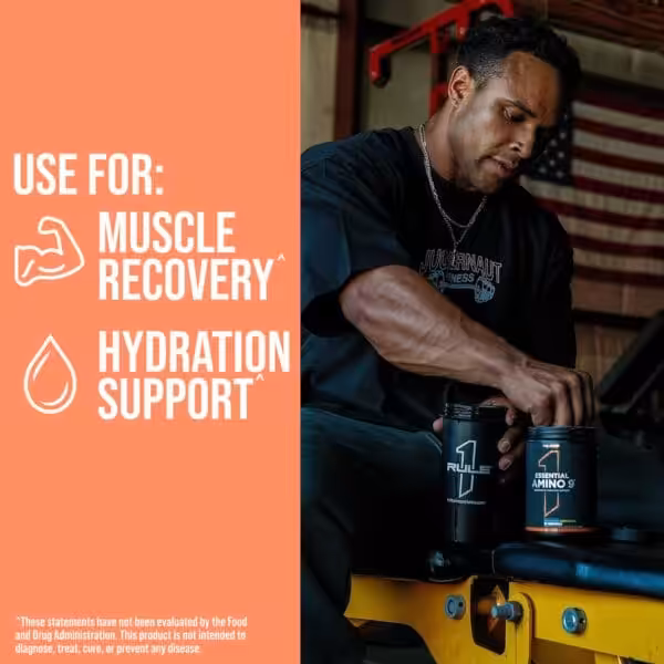 Rule 1 Essential Amino 9 supports muscle recovery and hydration; man in gym holds two Rule 1 supplement containers