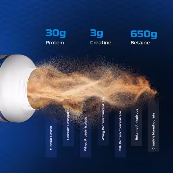 30g Protein, 3g Creatine, and 650mg Betaine from a blend of whey, casein, and milk proteins