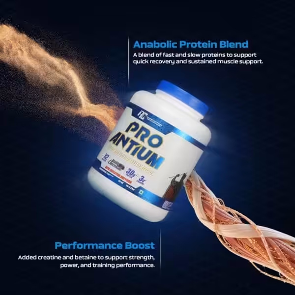 Pro-Antium Double Chocolate protein powder: 30g protein, 3g creatine. Supports muscle recovery and performance boost