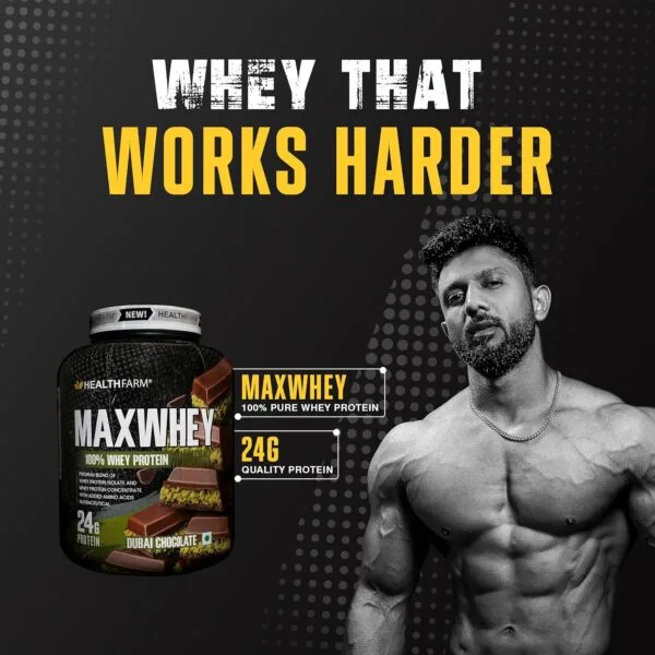 HealthFarm MaxWhey Dubai Chocolate protein powder ad with a muscular man. Text: Whey that works harder, 24g protein