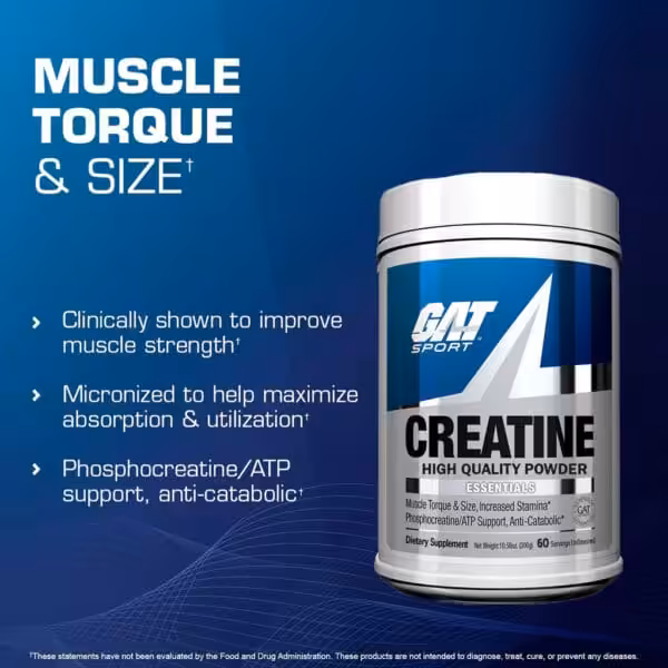 GAT Sport Creatine High Quality Powder, 60 servings unflavored, supports muscle torque, size, stamina, and ATP; clinically shown to improve muscle strength
