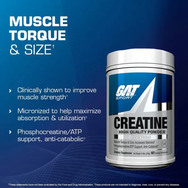 GAT Sport Creatine High Quality Powder, 60 servings unflavored, supports muscle torque, size, stamina, and ATP; clinically shown to improve muscle strength