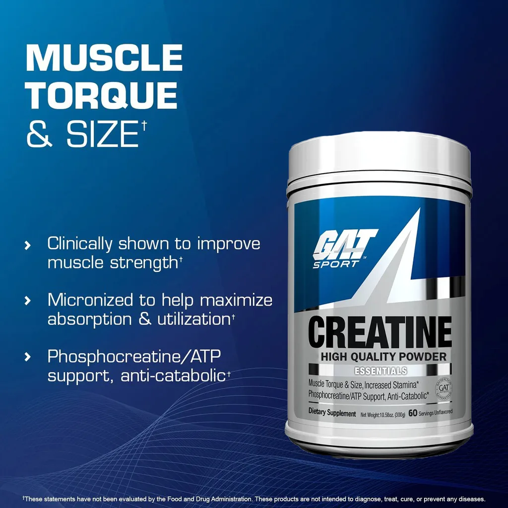 GAT Sport Creatine High Quality Powder, 60 servings unflavored, supports muscle torque, size, stamina, and ATP; clinically shown to improve muscle strength