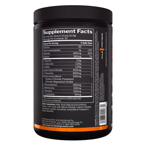 Rule 1 Proteins supplement facts panel showing 30 servings per container, 35 calories, amino acids including L-Leucine 2.5g, L-Isoleucine 1.25g, L-Valine 1.25g, and electrolyte blend