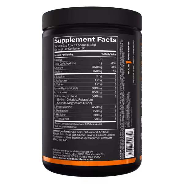 Back label of Rule 1 Proteins supplement showing Supplement Facts: 30 servings, 35 calories, BCAAs, electrolytes, and other amino acids per scoop