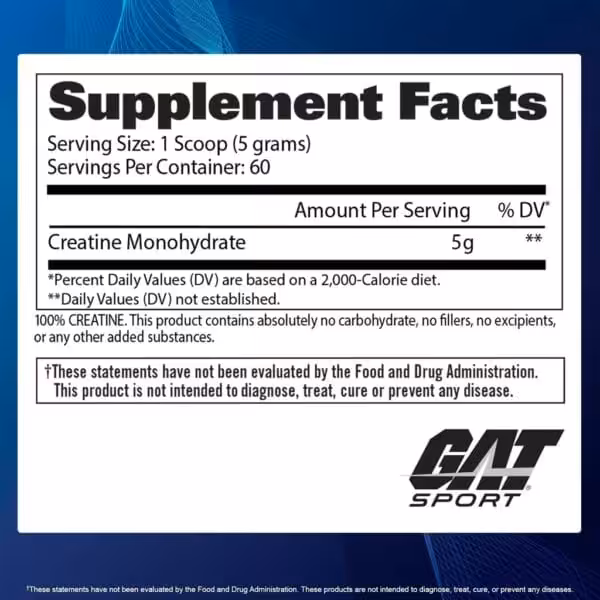 Supplement Facts panel for GAT Sport Creatine Monohydrate: serving size 1 scoop (5g), 60 servings per container, 5g Creatine Monohydrate per serving
