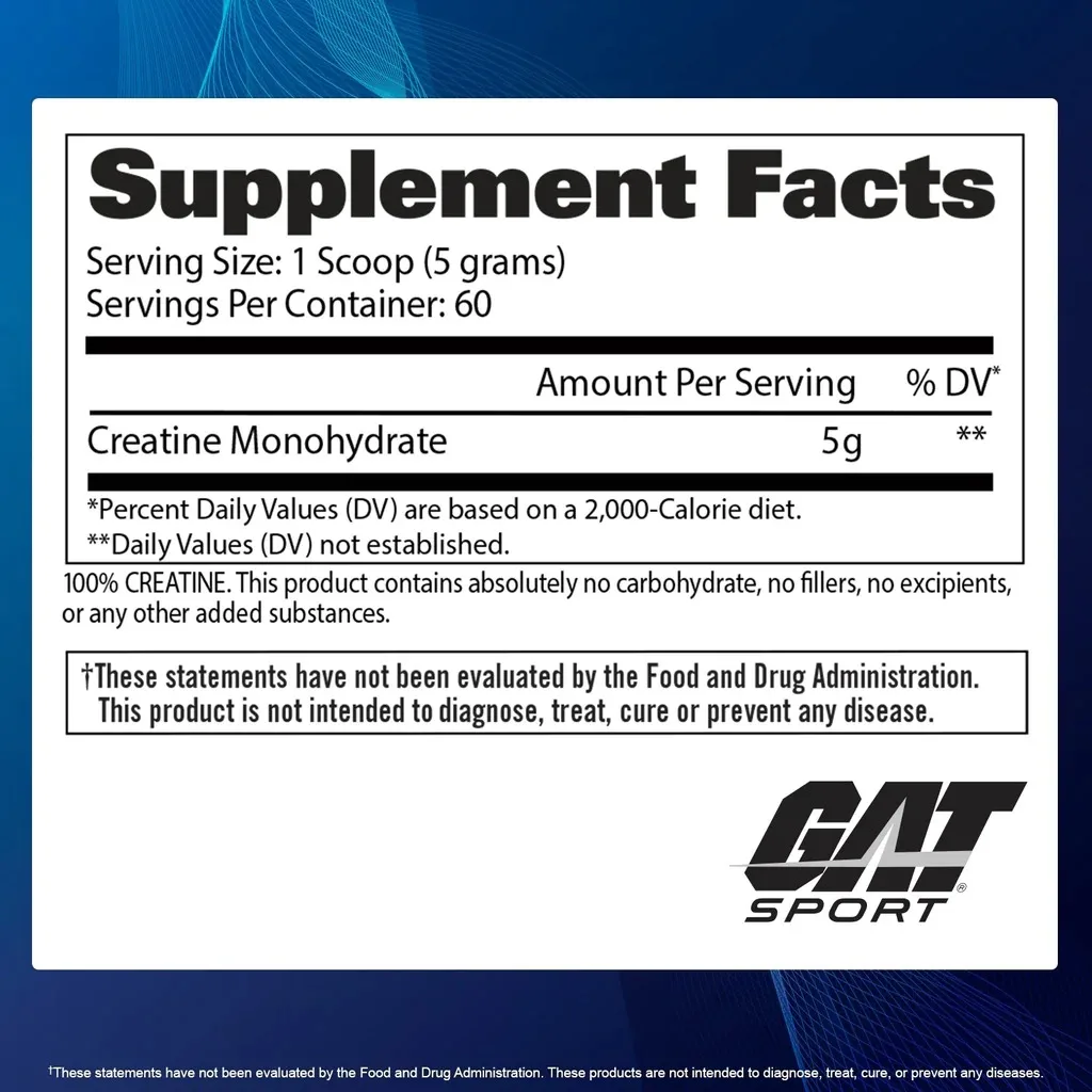 Supplement Facts panel for GAT Sport Creatine Monohydrate: serving size 1 scoop (5g), 60 servings per container, 5g Creatine Monohydrate per serving