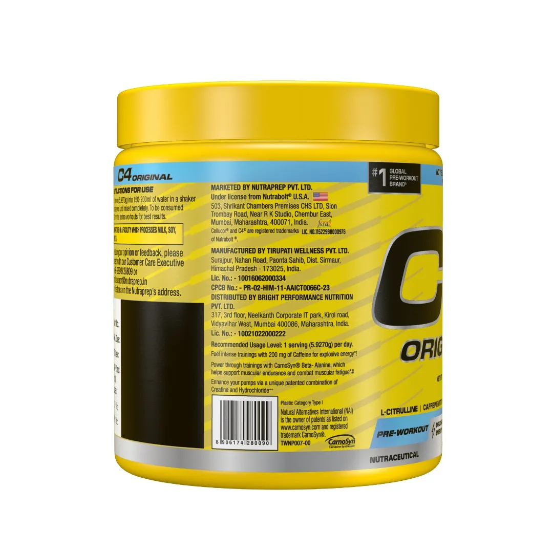 C4 Original pre-workout powder tub showing the back label with usage instructions, ingredients, and manufacturer details