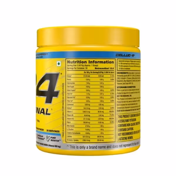 Cellucor C4 Original pre-workout powder, Blue Raspberry flavor, 30 servings, showing nutrition facts panel with 200mg caffeine per serving
