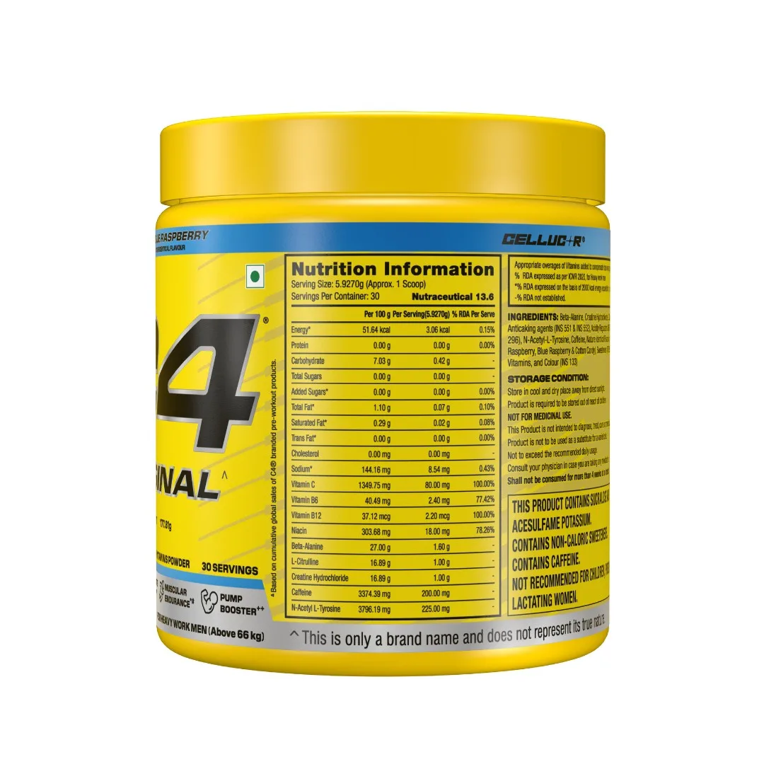 Cellucor C4 Original pre-workout powder, Blue Raspberry flavor, 30 servings, showing nutrition facts panel with 200mg caffeine per serving