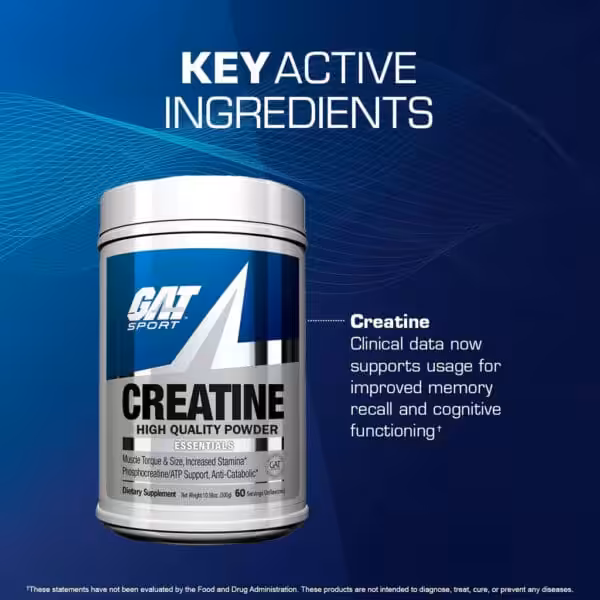 GAT Sport Creatine High Quality Powder, 60 servings — key active ingredient: Creatine, shown to support memory recall and cognitive functioning