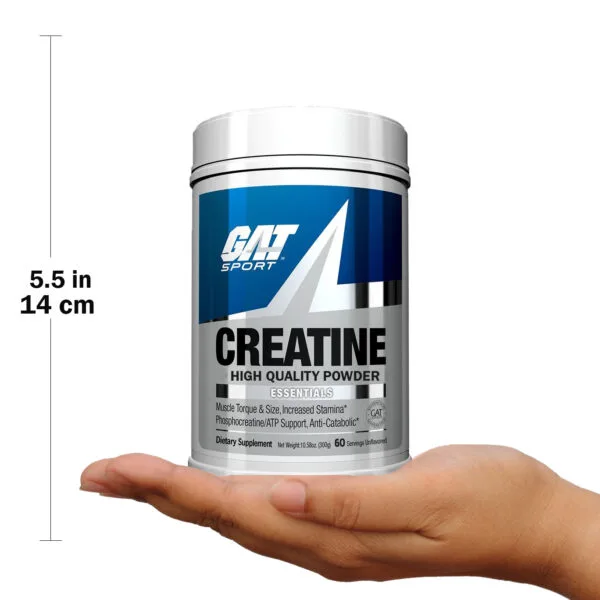 GAT Sport Creatine High Quality Powder container held in a hand, showing its size at 5.5 in (14 cm) tall, 60 servings unflavored