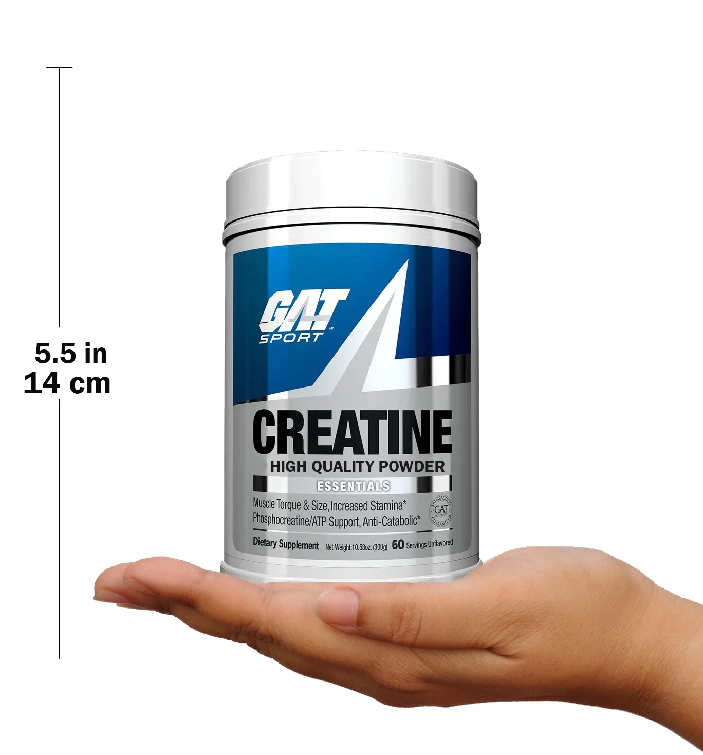 GAT Sport Creatine High Quality Powder container held in a hand, showing its size at 5.5 in (14 cm) tall, 60 servings unflavored