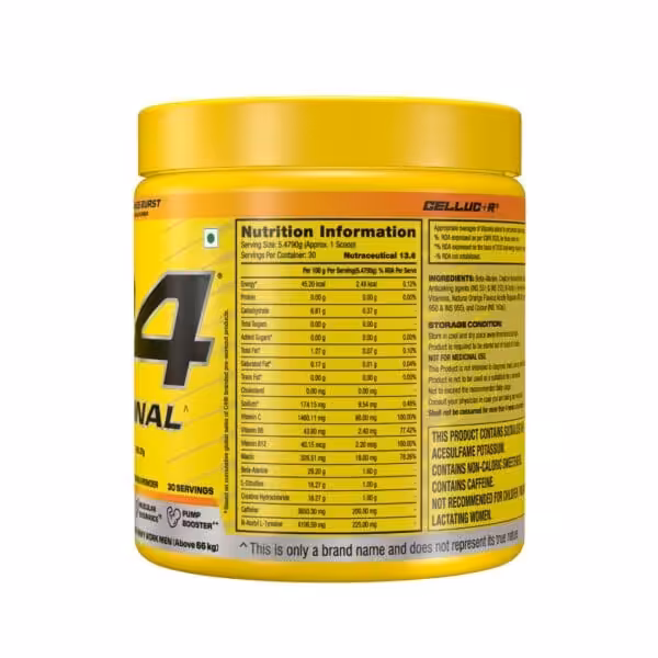 Cellucor C4 Original pre-workout powder tub in Orange Burst flavor, 30 servings, showing nutrition facts panel on back label