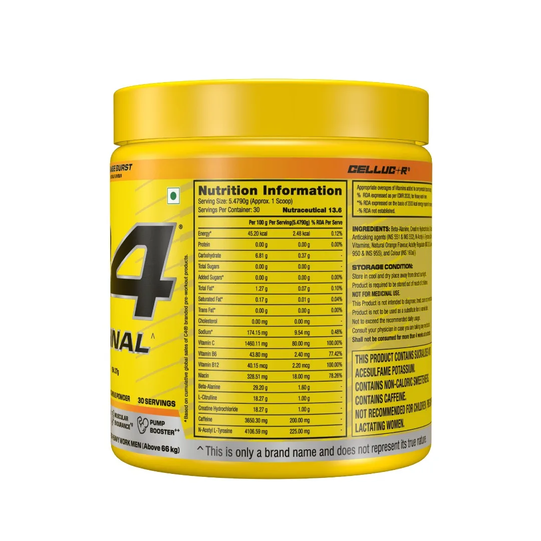 Cellucor C4 Original pre-workout powder tub in Orange Burst flavor, 30 servings, showing nutrition facts panel on back label