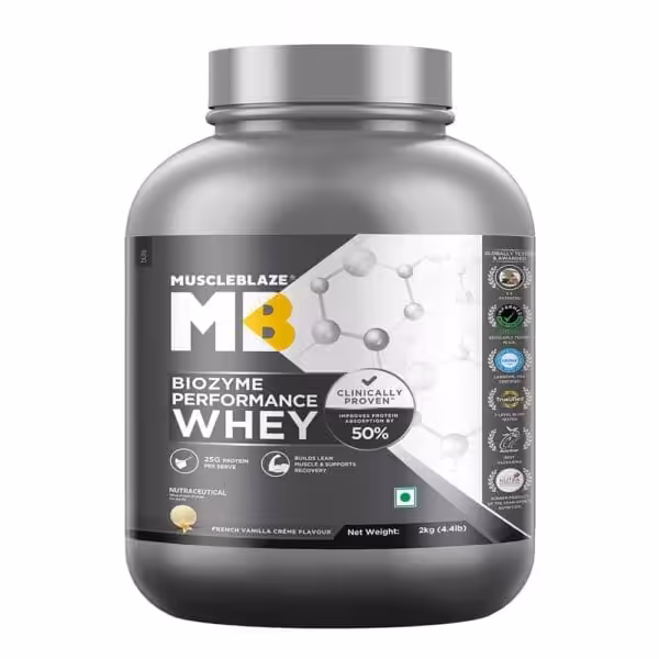 MuscleBlaze Biozyme Performance Whey, French Vanilla Crème, 2kg. 25g protein per serve, 50% higher protein absorption