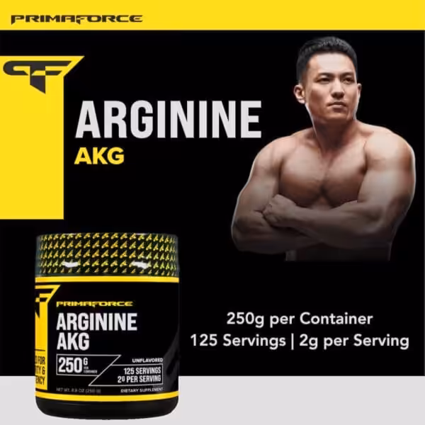 Primaforce Arginine AKG dietary supplement, 250g container, 125 servings, 2g per serving, unflavored