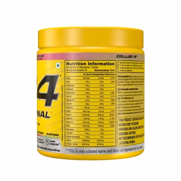 C4 Original pre-workout powder in Watermelon flavor, 30 servings, showing nutrition facts panel on yellow container