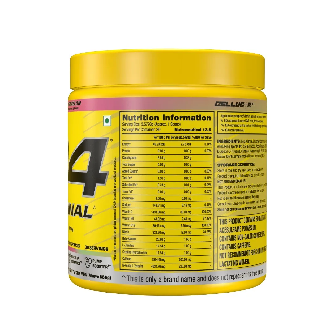 C4 Original pre-workout powder in Watermelon flavor, 30 servings, showing nutrition facts panel on yellow container