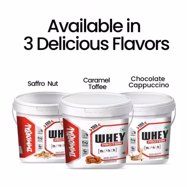 Immortal Whey Protein in Saffro Nut, Caramel Toffee, and Chocolate Cappuccino. 133 servings and 26g protein per tub