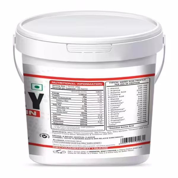 Nutritional information and typical amino acid profile for Immortal Whey Protein