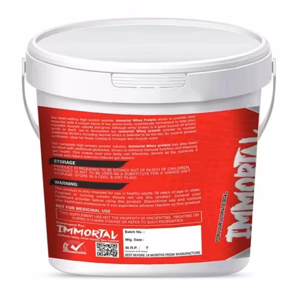 Immortal Whey Protein tub label with product information, storage instructions, and health warnings