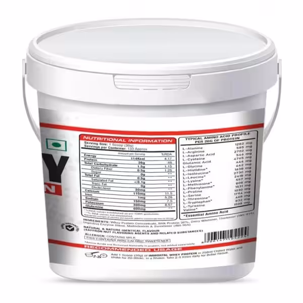 Nutritional facts and amino acid profile for Immortal Whey Protein, providing 26g of protein per 30g serving