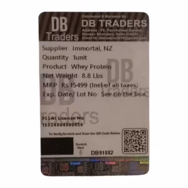 Whey Protein label: 8.8 Lbs, supplied by Immortal, NZ, distributed by DB Traders. MRP Rs 15499, FSSAI 13324004000058